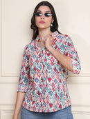 Pink & Blue Ikat Print Button-Down Pure Cotton Top