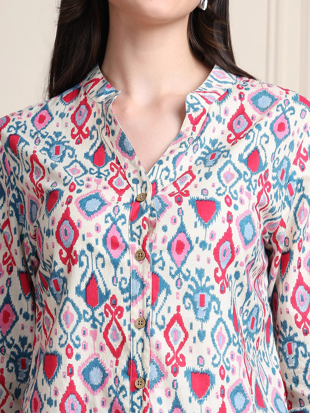 Pink & Blue Ikat Print Button-Down Pure Cotton Top
