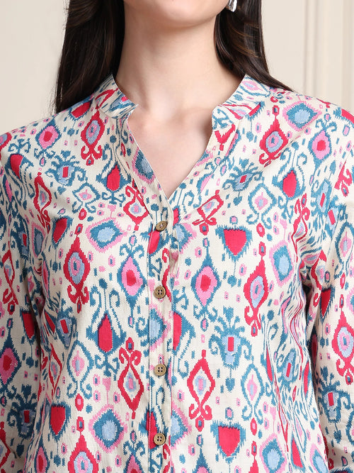 Pink & Blue Ikat Print Button-Down Pure Cotton Top
