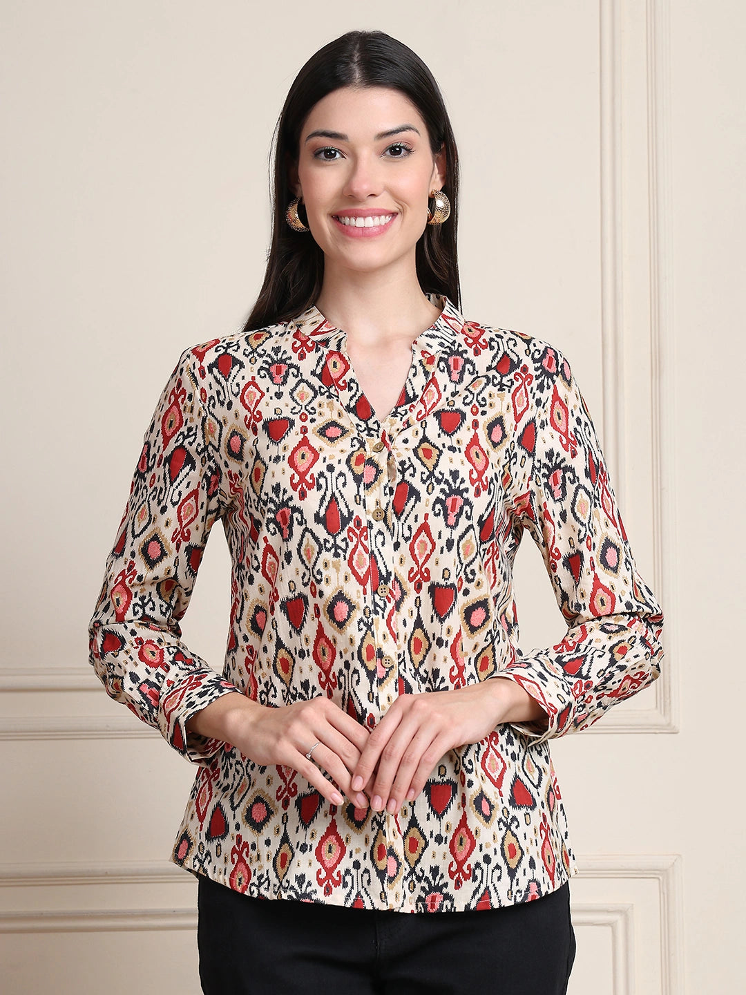 Red Black Ikat Print Button-Down Pure Cotton Top
