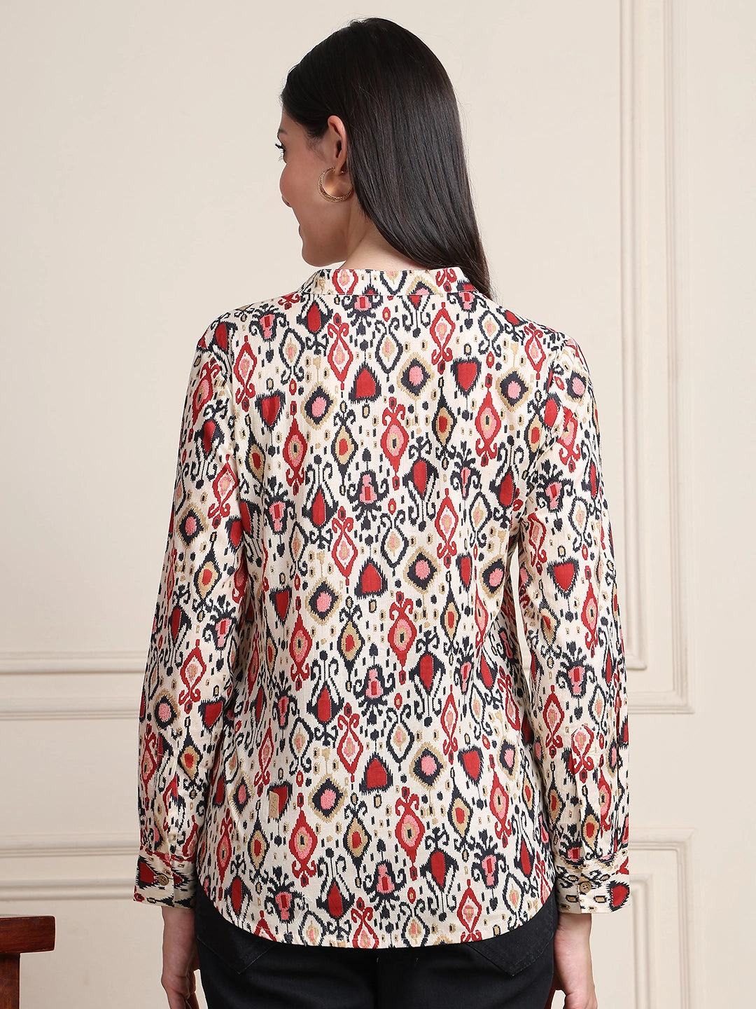 Red Black Ikat Print Button-Down Pure Cotton Top