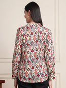 Red Black Ikat Print Button-Down Pure Cotton Top