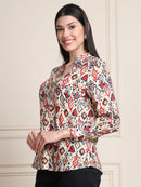 Red Black Ikat Print Button-Down Pure Cotton Top