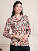 Red Black Ikat Print Button-Down Pure Cotton Top