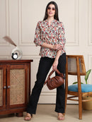 Red Black Ikat Print Button-Down Pure Cotton Top