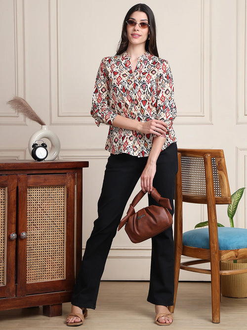 Red Black Ikat Print Button-Down Pure Cotton Top