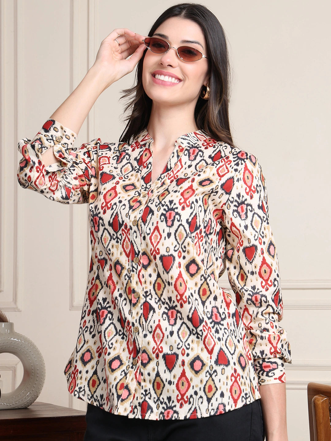 Red Black Ikat Print Button-Down Pure Cotton Top