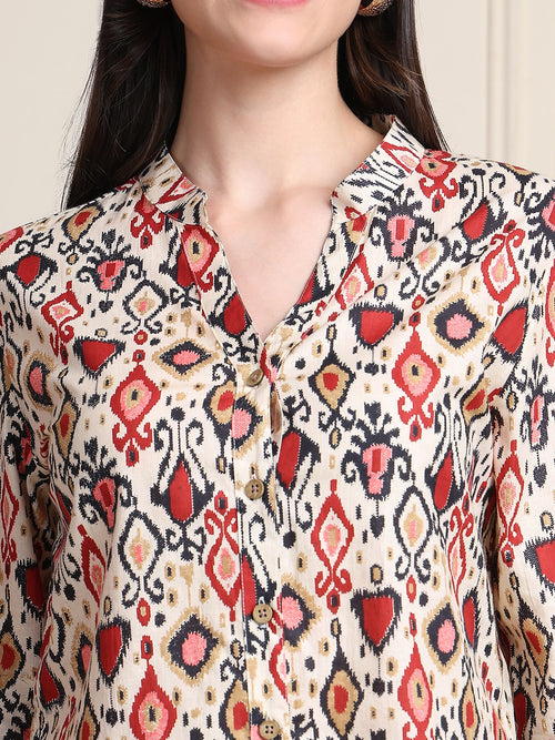 Red Black Ikat Print Button-Down Pure Cotton Top