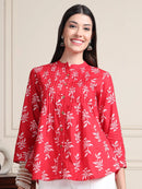 Red Leaf Print Buttoned Pure Cotton Top