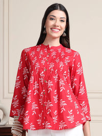 Red Leaf Print Buttoned Pure Cotton Top