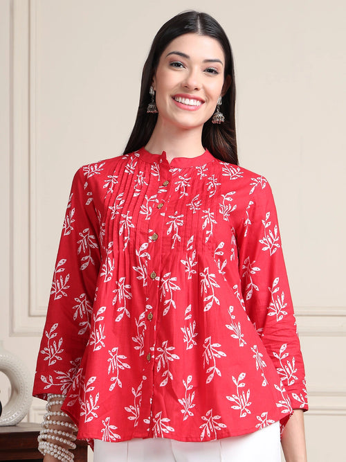 Red Leaf Print Buttoned Pure Cotton Top