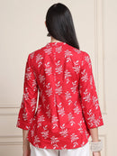 Red Leaf Print Buttoned Pure Cotton Top