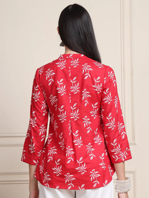 Red Leaf Print Buttoned Pure Cotton Top