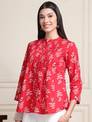 Red Leaf Print Buttoned Pure Cotton Top
