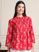 Red Leaf Print Buttoned Pure Cotton Top