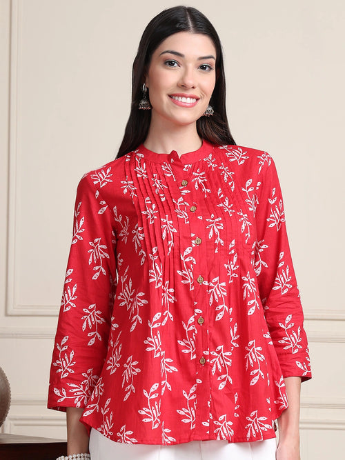 Red Leaf Print Buttoned Pure Cotton Top