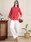 Red Leaf Print Buttoned Pure Cotton Top