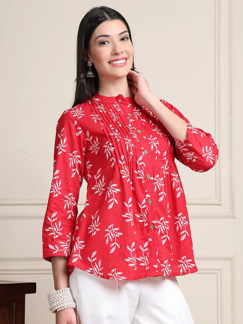 Red Leaf Print Buttoned Pure Cotton Top