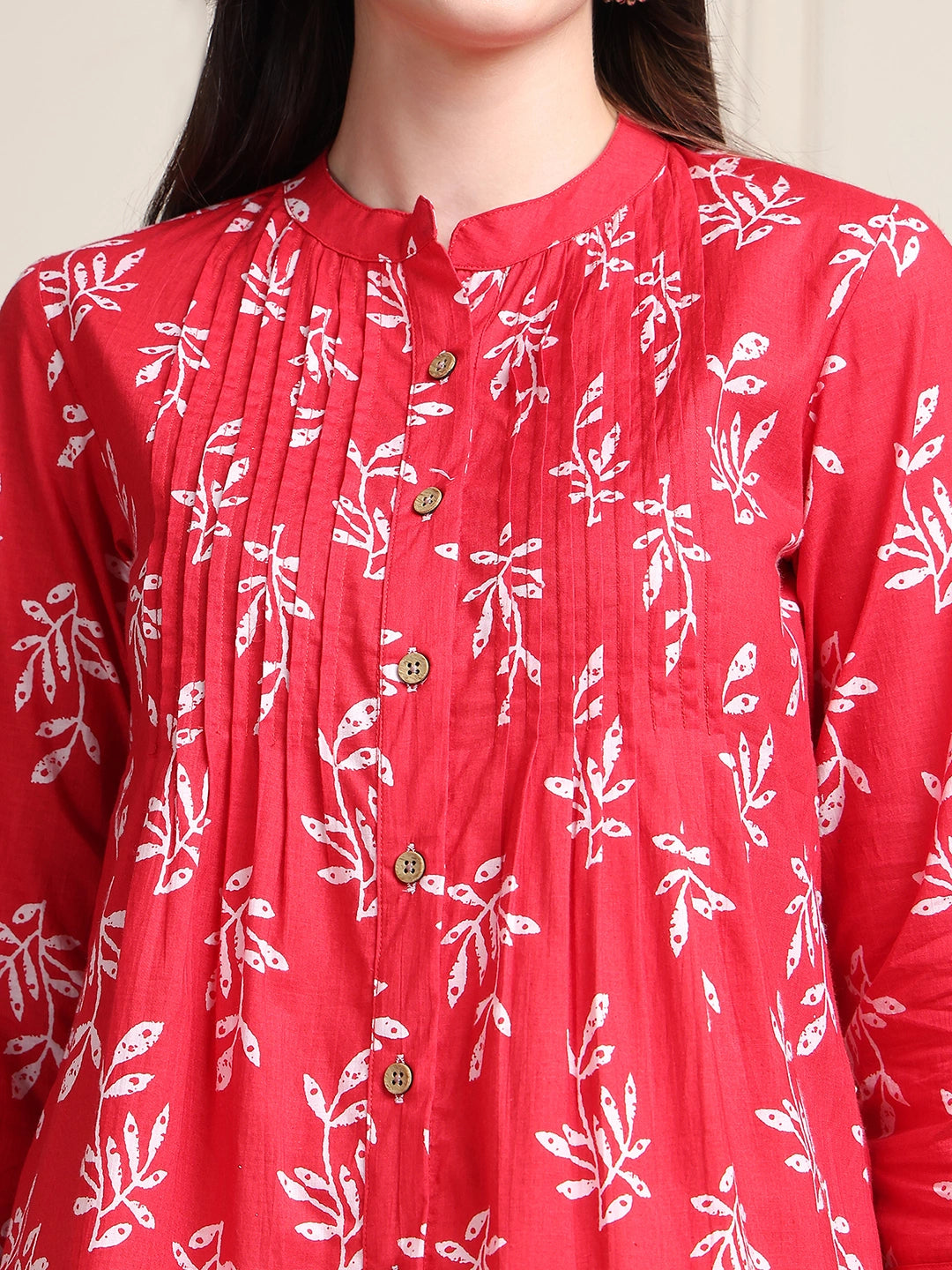 Red Leaf Print Buttoned Pure Cotton Top