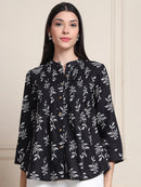 Black Leaf Print Buttoned Pure Cotton Top