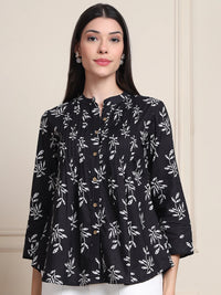 Black Leaf Print Buttoned Pure Cotton Top