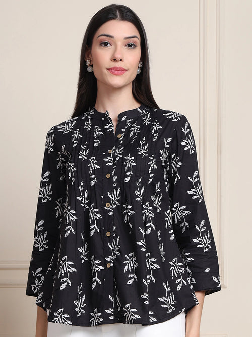 Black Leaf Print Buttoned Pure Cotton Top