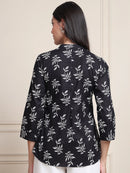Black Leaf Print Buttoned Pure Cotton Top