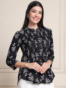 Black Leaf Print Buttoned Pure Cotton Top