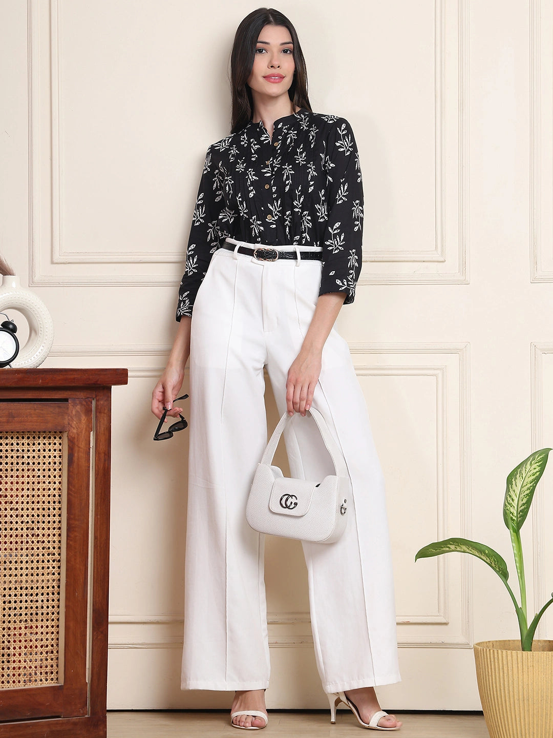 Black Leaf Print Buttoned Pure Cotton Top