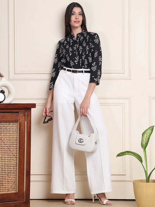 Black Leaf Print Buttoned Pure Cotton Top