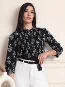 Black Leaf Print Buttoned Pure Cotton Top