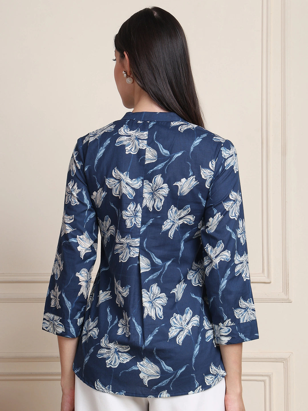Deep Blue Floral Buttoned Pure Cotton Tops
