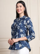 Deep Blue Floral Buttoned Pure Cotton Tops
