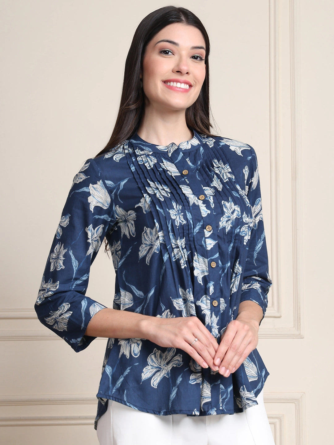 Deep Blue Floral Buttoned Pure Cotton Tops