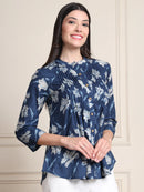 Deep Blue Floral Buttoned Pure Cotton Tops