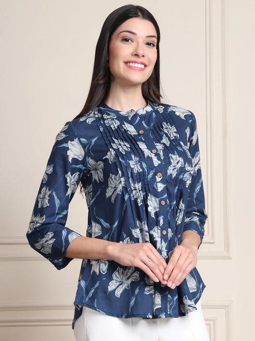 Deep Blue Floral Buttoned Pure Cotton Tops
