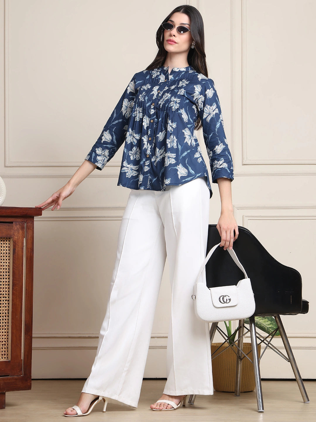 Deep Blue Floral Buttoned Pure Cotton Tops