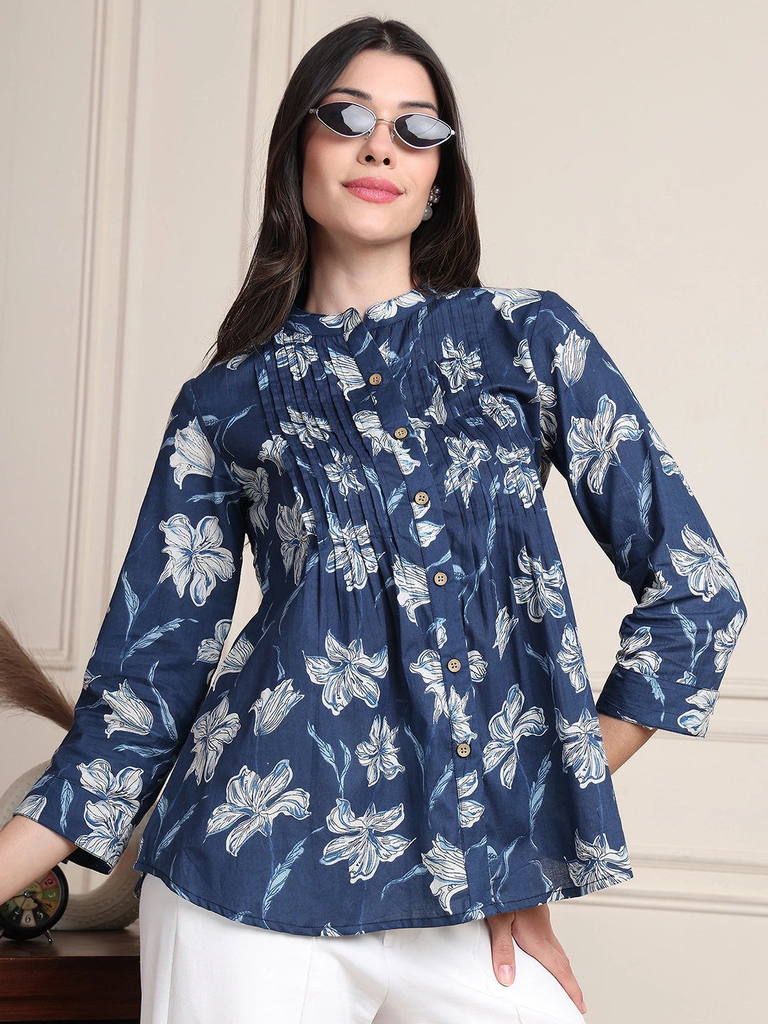Deep Blue Floral Buttoned Pure Cotton Tops