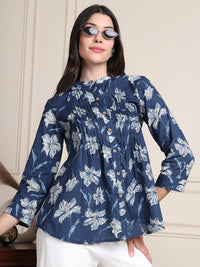 Deep Blue Floral Buttoned Pure Cotton Tops