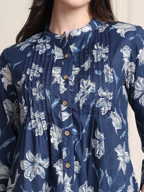 Deep Blue Floral Buttoned Pure Cotton Tops