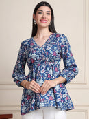 Indigo Blue Floral Buttoned Pure Cotton Tops