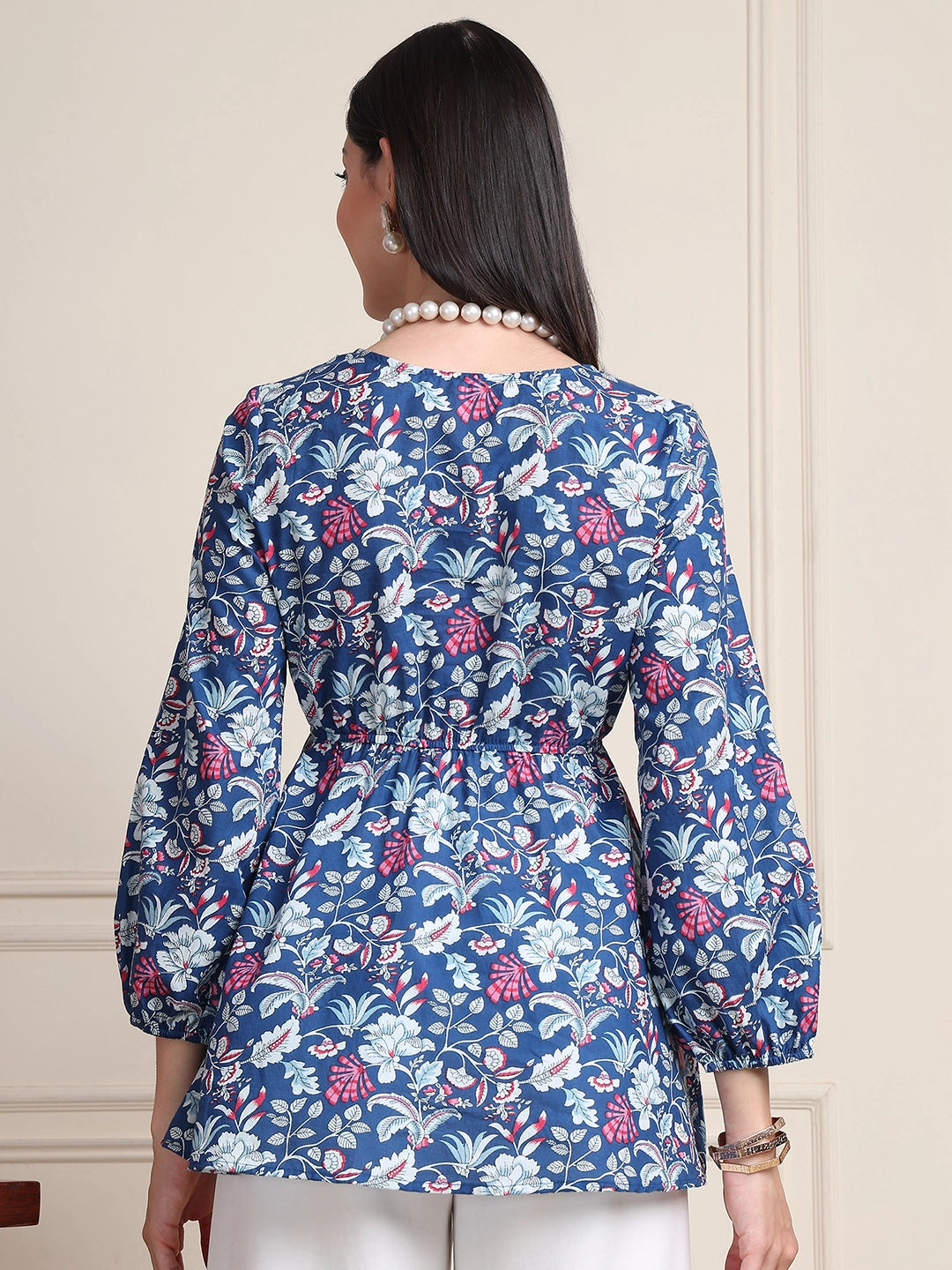 Indigo Blue Floral Buttoned Pure Cotton Tops
