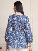 Indigo Blue Floral Buttoned Pure Cotton Tops