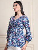 Indigo Blue Floral Buttoned Pure Cotton Tops