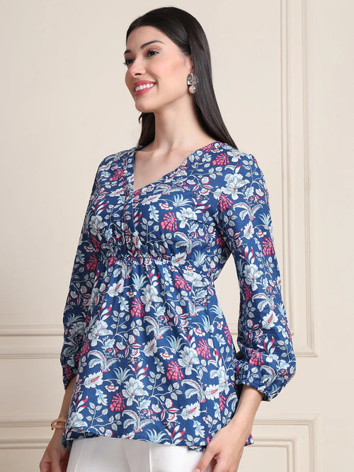Indigo Blue Floral Buttoned Pure Cotton Tops