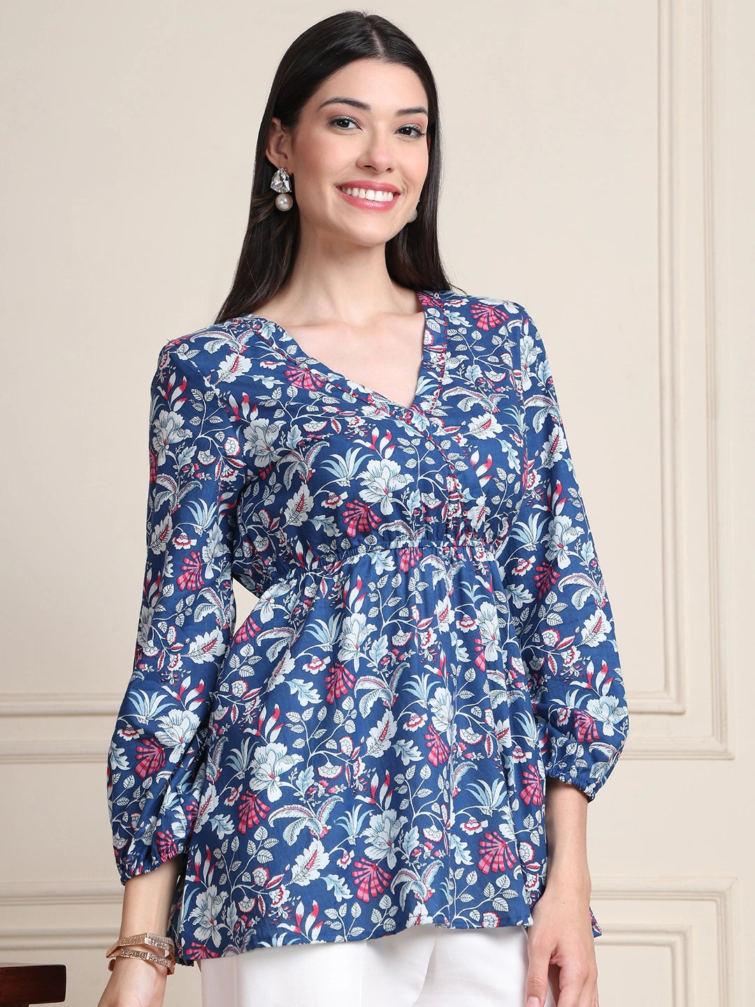 Indigo Blue Floral Buttoned Pure Cotton Tops