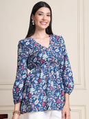 Indigo Blue Floral Buttoned Pure Cotton Tops