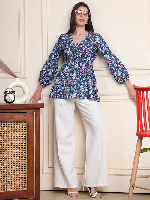 Indigo Blue Floral Buttoned Pure Cotton Tops
