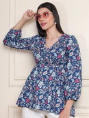 Indigo Blue Floral Buttoned Pure Cotton Tops