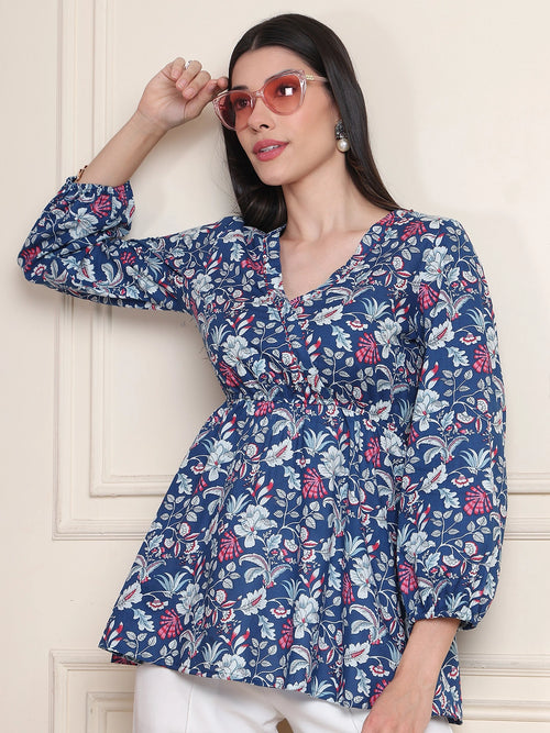 Indigo Blue Floral Buttoned Pure Cotton Tops